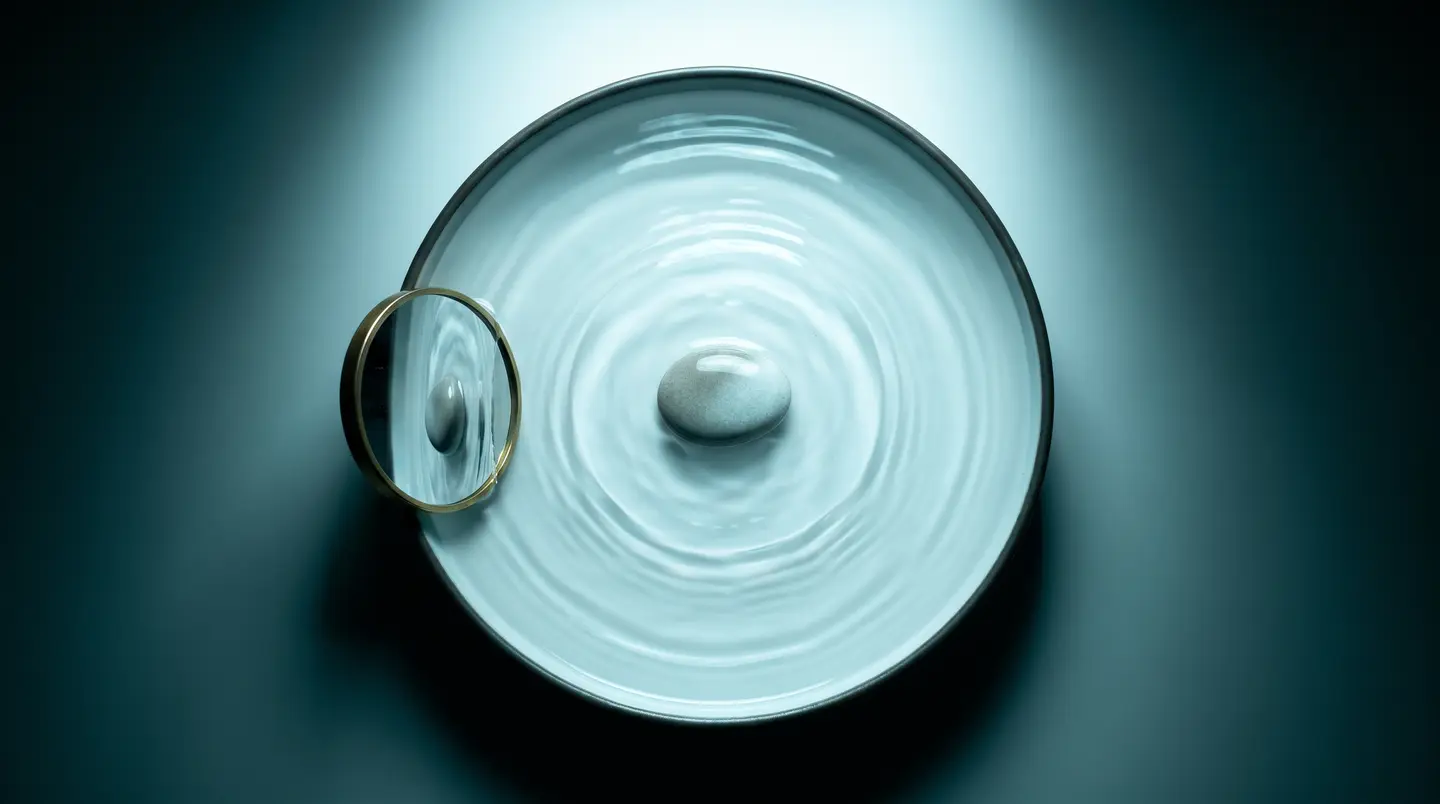 Still water in a shallow basin with faint ripples around a smooth oval stone