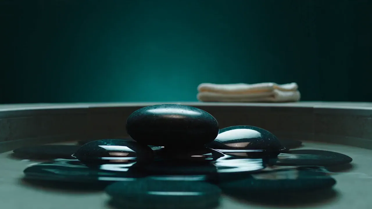 Dark, polished massage stones resting in shallow water beside folded white towels in a softly lit teal room