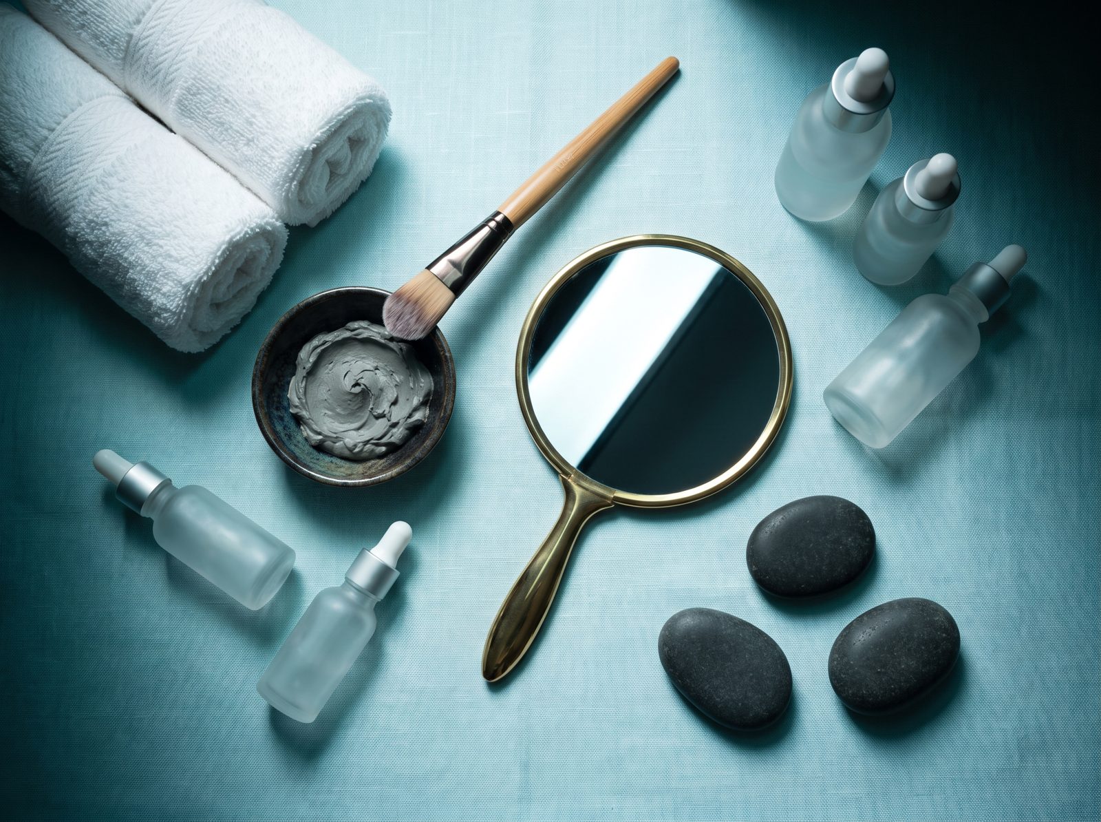 Spa treatment materials laid out from above: rolled white towels, a bowl of facial clay, a brush, serum droppers and smooth oval stones